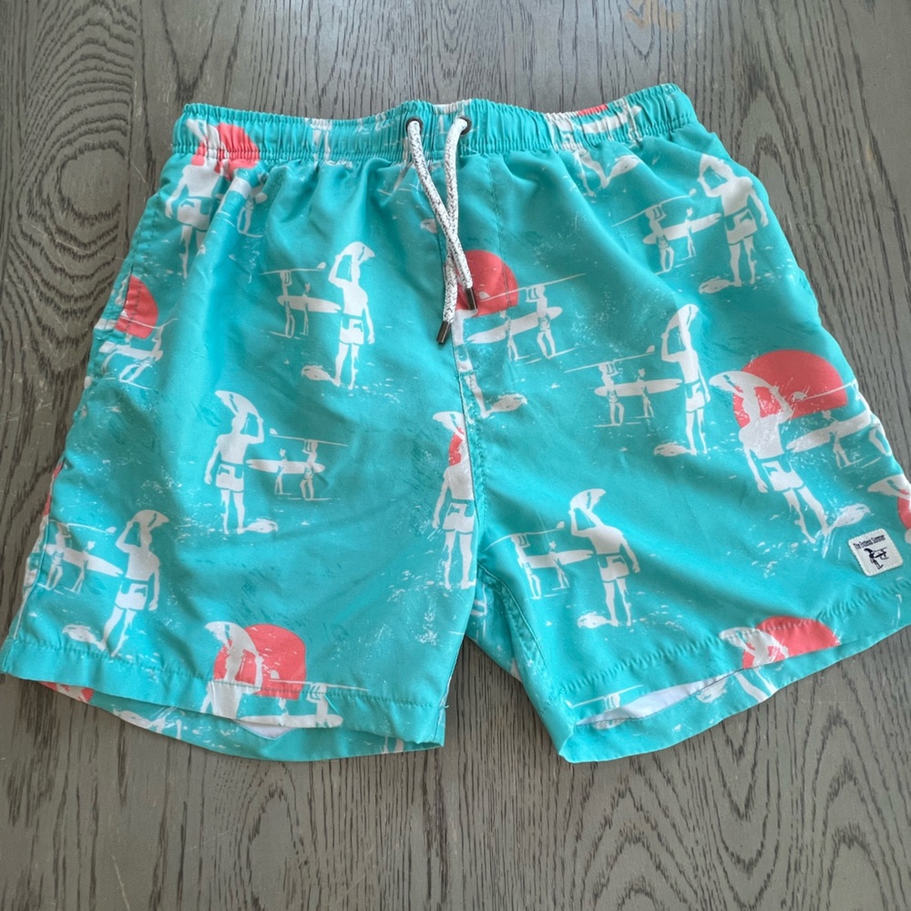 Endless Summer Teal Swim Shorts with Surfer Print